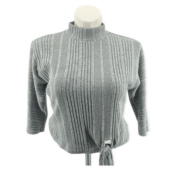 June & Hudson Gray Mock Neck Ribbed Soft Tie Front Knit Top Large - Picture 12 of 12
